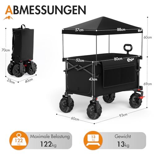 PORTAL Bollerwagen faltbar mit Dach 350L 122KG Klappwagen Handwagen klappbar schnellspannere breite Reifen mit Getränkehalter Sonnenschutz für Ausflug Strand Camping Einkaufen – Bild 4