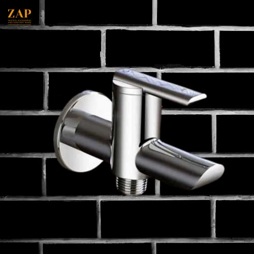 Image of Zap Ultra Cube Series Brass 2 Way Bib Cock with Wall Flange for Home, Kitchen and Bathroom