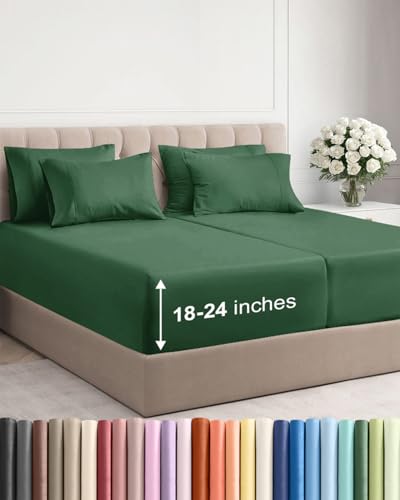 Image of Extra Deep Split King Sheet Set - 7 Piece Breathable and Cooling Sheets - Hotel Luxury Bedding for Women, Men, Kids & Teens - Easy Secure Fit - Soft & Wrinkle Free - Extra Deep Pockets - Emerald Green