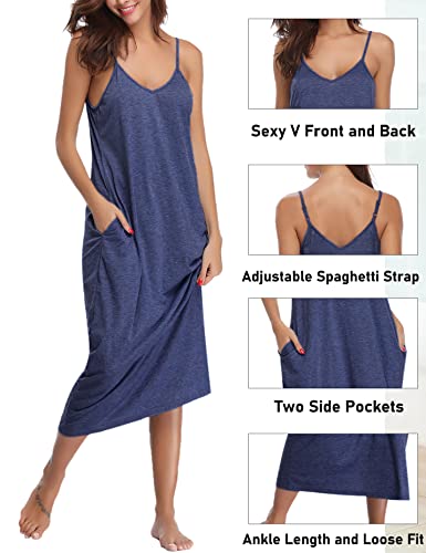 Marvmys Womens Cami Cotton Nightgown Sleepwear V Neck Long Sleep Shirt Full Slip Dress Navy Blue #TOP3