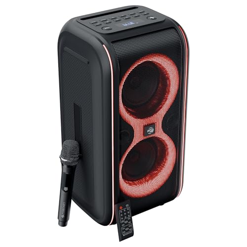 Image of Zebronics Portable Bluetooth Speaker, 60W, Upto 5 Hours Playback, Dual 16.51cm Drivers, Karaoke, TWS, BT v5.4, USB, mSD, AUX, RGB, Wireless Mic with Display, Mobile Holder (Party Fyre 90)