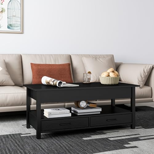 Panana Lift Up Top Coffee Table Wooden Coffee Table with Hidden Compartment, 2 Drawers & 1 Open Shelf, Lift-Top Sofa End Tea Tables For Living Room (Black) - Image 6