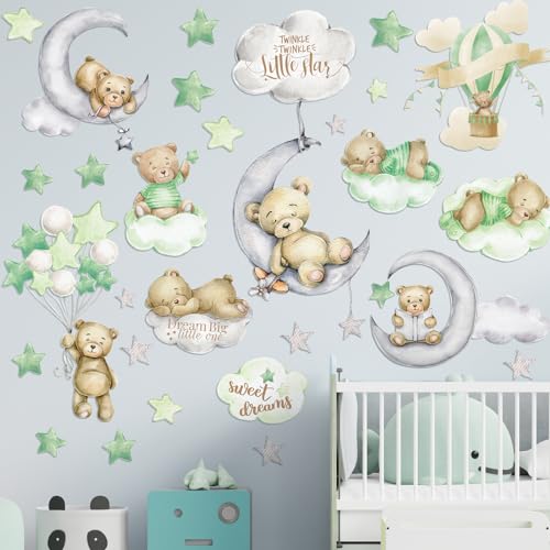 Yinder 12 Sheet 78 Pcs Bear Highland Cow Wall Decals Cute Highland Cow Sticker Nursery Baby Wall Decor for Kids Girls Boys Baby Room Bedroom(Sage Green Bear)