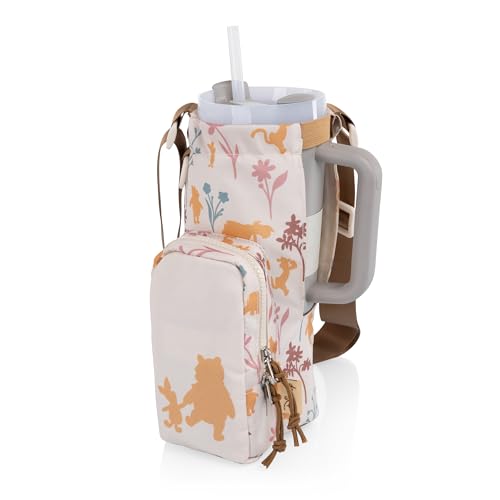 PICNIC TIME Disney Winnie the Pooh Eclipse 40 oz Tumbler Tote, Tumbler Carrier Crossbody Bag with Strap, Water Bottle Holder with Phone Pocket for 40 oz Tumblers, (Beige with Floral Silhouettes)