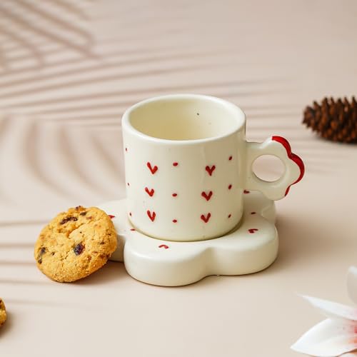 Image of Handcrafted Ceramic Tea Cup with Saucer | Red Heart Printed Coffee Mug with Plate | Premium Pottery Cup Set for Tea & Hot Beverages | Ideal Gift for Tea Lovers & Home Use