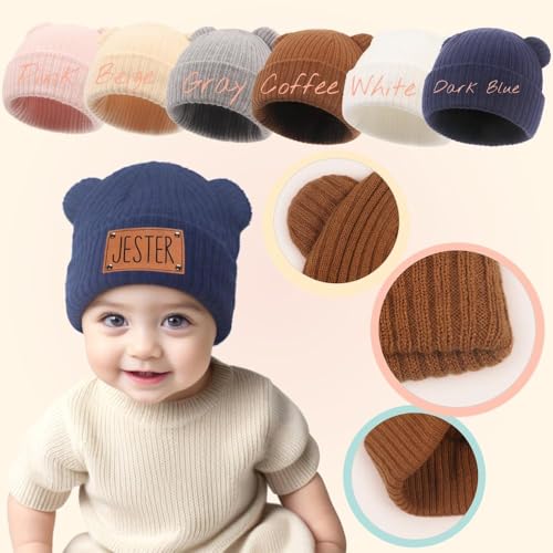 Personalized Name Baby Beanie Hat, Name Knitted Beanie,Leather Patch Hat for Toddler Birthday Gift, New Mom Gifts Multi3
