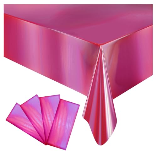 Image of 4 Pack Plastic Tablecloths Disposable Tablet Cover Pink 54 x 108 in | Foil Glitter Table Cloth for Rectangle Tables Indoor / Outdoor Party Decorations Birthday Princess Bridal Wedding Christmas