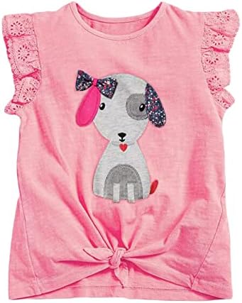 HILEELANG Little Girls' Tie Front Short Sleeve Tops Tees Shirts Cotton Casual Graphic Pink Puppy Crewneck Summer T-Shirts 1PC Size 6