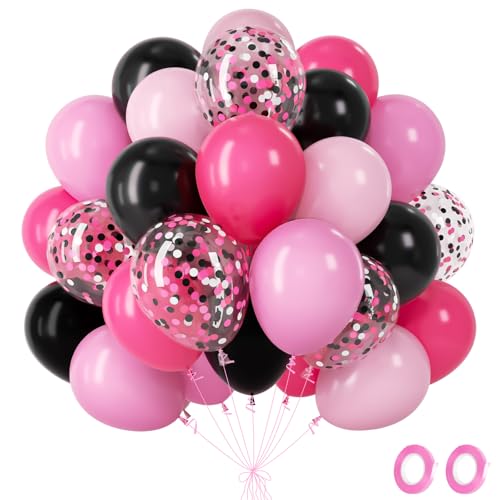 Ballon Decoration Anniversaire Rose et Noir, 60Pcs Ballon Princesse Pink Minnie avec Ballons Helium Confettis, Ballons Rose pour Anniversaire Fille Baby Shower...
