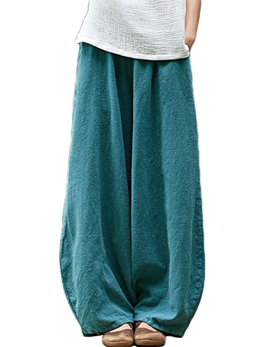 Women's Linen Cotton Wide Leg Pants Lantern Tapered Soft Elastic Waist Trousers with Pockets