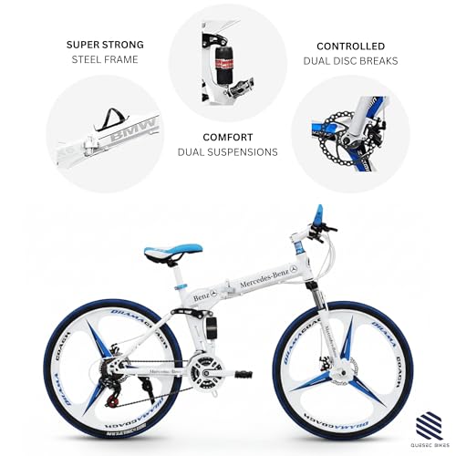 Image of QUESEC Merceds Benz Folding Gear Cycle for Adults 26 Inch 21 Speed Mountain Bike with Dual Suspension, Dual Disc Brake, Alloy Wheels, Foldable Bicycle for Boys Girls Daily Commute Fitness Ride White
