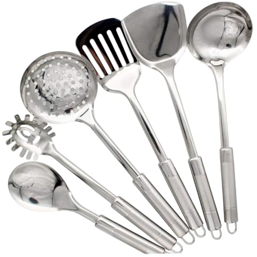 Muzrunq Juego de utensilios de cocina de acero inoxidable, 6 piezas, resistente al calor, ergonómico y cómodo, para hogar y restaurante