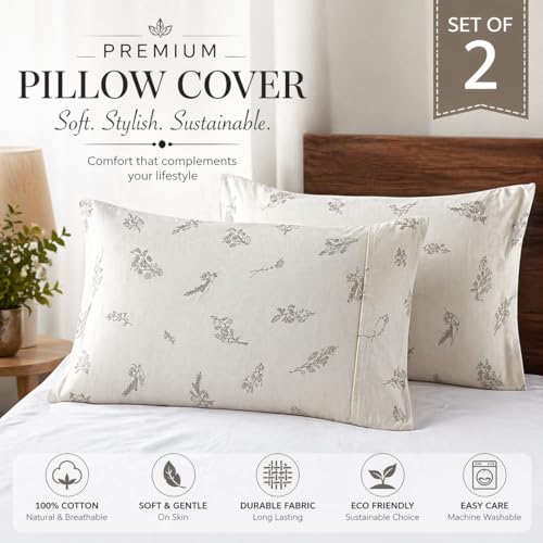 Image of Cotton Pillow Cover Set (1 Pair) | 20x30 Inch | Soft Breathable Cotton Fabric - Comfortable, Durable & Easy Care - 2 Pcs Set | White Leaf Print