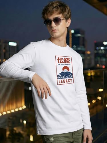 Image of Bewakoof Men's 100% Cotton Graphic Print Regular Fit Full Sleeve Round Neck T-Shirt | Tshirt for Men Cotton| Casual Wear | Street Wear