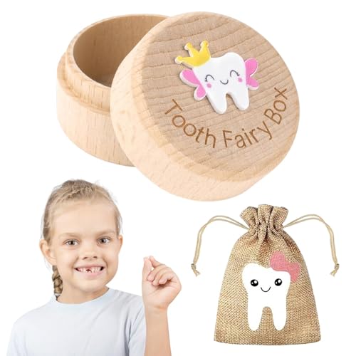 Vexorlian Tooth Fairy Box - Wooden Tooth Keepsake with Fairy Bag 3D Carved Storage Holder for Kids Lost Teeth