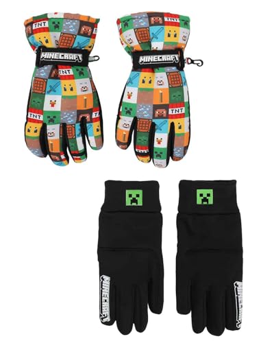 Bioworld Minecraft Youth Ski Gloves Creeper Steve Chicken Diamond Sword Design with Sure Grip Liners (L/XL)