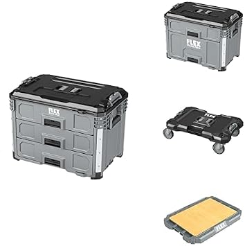 Bundle of FLEX STACK PACK Storage System 3-Drawer Tool Box FS1105, 2-Drawer Tool Box FS1106, Dolly FS1701 and Worktop FS1401