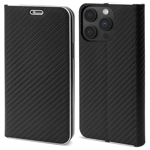 Moozy Funda para iPhone 16 Pro con Tapa, Fibra de Carbono - Carcasa Cartera Wallet Flip Magnético con Bordes Metalizados de Protección, Case Móvil Bumper con Tarjetero, Negro
