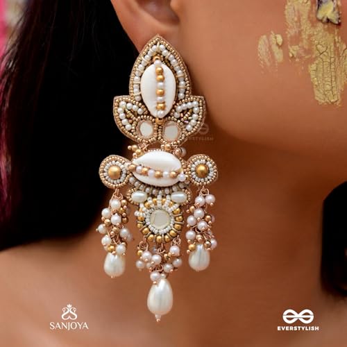 Image of SANJOYA by EVERSTYLISH Embroidered Earrings for Women | Shell, Beads & Pearl Drop Statement Dangler Earrings | Ethnic Jewelry for Weddings, Festivals & Special Occasions
