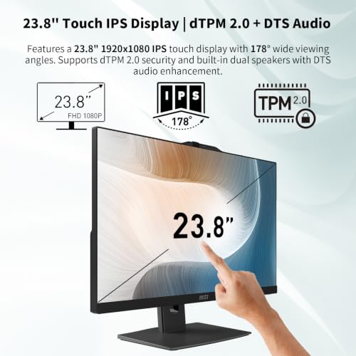 Image of msi Modern Business All-in-One Desktop, 23.8 inch FHD IPS 1920x1080 Touchscreen, Intel Core 5 120U, 16GB DDR5, 512GB SSD, Wi-Fi 6E, FHD Webcam, HDMI, DP, AI PC, Wireless KB & Mouse, Windows 11 Pro, Black
