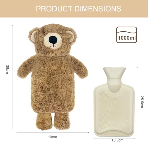 Wärmflasche mit Bezug 1L, Tier Wärmflasche Kinder, Gummi Wärmflaschen mit kuschelig weichem Bezug, Süße Wärmflaschen Bär für Bauch Hand Fuß Körper Warmhalten, Hot Water Bottle Zur Reinigung Abnehmbar