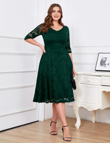 Image of Dressystar Womens Long-Sleeve Wedding Guest Dress A-Line Lace Formal Party Cocktail Midi Dress Prom Gown