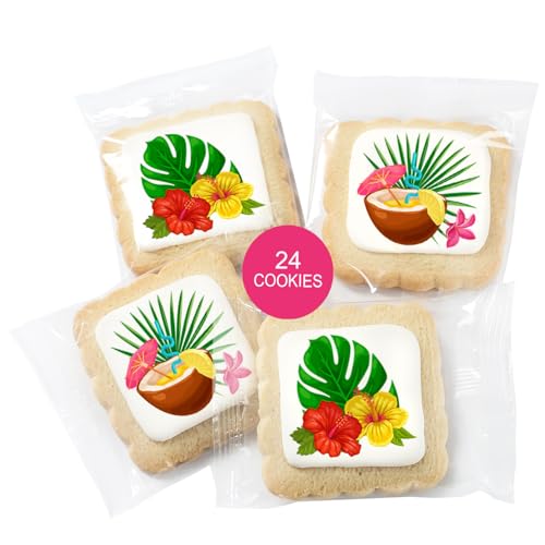Image of Luau Cookies Hawaiian Themed Tropical Party Favors | Individually Wrapped 24 Pack Cookie | Hawaii Luau Summer Theme Birthday Kids Adults Treats snacks Hibiscus