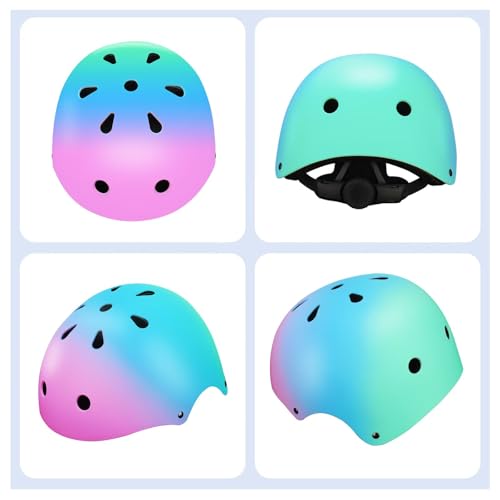 Image of Color Gradient Adjustable Kids Bike Helmet with Knee & Elbow Pads Set | Multi-Sport Safety Gear for Boys & Girls Ages 5-14 | Skateboarding, Scooters, Roller & Inline Skating, Longboarding