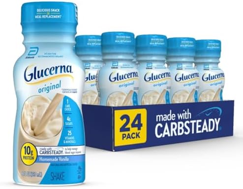Glucerna Original Nutritional Shake, Diabetic Drink to Support Blood Sugar Management, 10g Protein, 180 Calories, Homemade Vanilla, 8-fl-oz Bottle, 24 Count