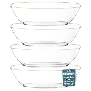 Posh Setting Clear Plastic Serving Bowls Disposable – Oval Bowls – Oval Candy Bowl – Plastic Snacks & Chip Bowls for Parties – Clear & Gold Party Serving Dishes, 4 pack