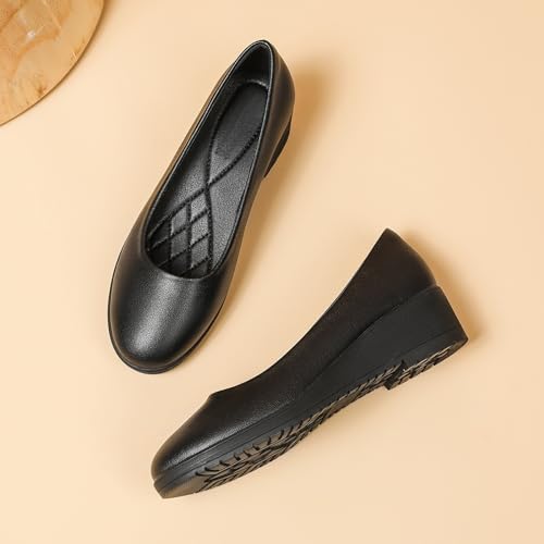Women's Leather Slip-On Wedge Pumps Comfortable Round Closed Toe Low Wedge Heel Casual Work Office Platform Dressy Shoes3