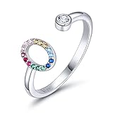 SIMPLGIRL Initial Ringe 925 Sterling Silber Buchstaben Ringe Verstellbarer Regenbogen Alphabet Ring mit Farbiger Zirkonia für Damen Mädchen, Initial Buchstabe O