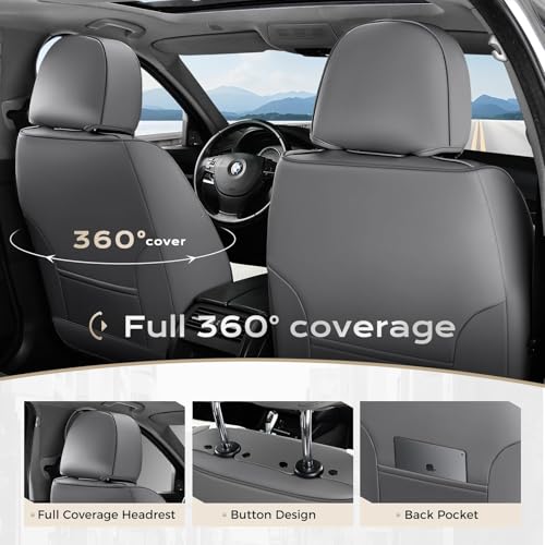 Image of Coverado Front and Back Seat Covers for Cars, 5 Seats Automotive Seat Covers, Faux Leather Car Seat Covers Seat Protectors Car Seat Cushion Carseat Cover Universal Fit for Most Cars Truck - Gray&White
