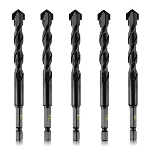 5-Piece 1/2” Masonry Drill Bits for Concrete Tiles Stone, 1/2 Inch Carbide Drill Bit Set for Glass Ceramic Brick Soft Metal Plastic and Wood, Hex Shank Drill Bit Set Diameter 12mm, Black