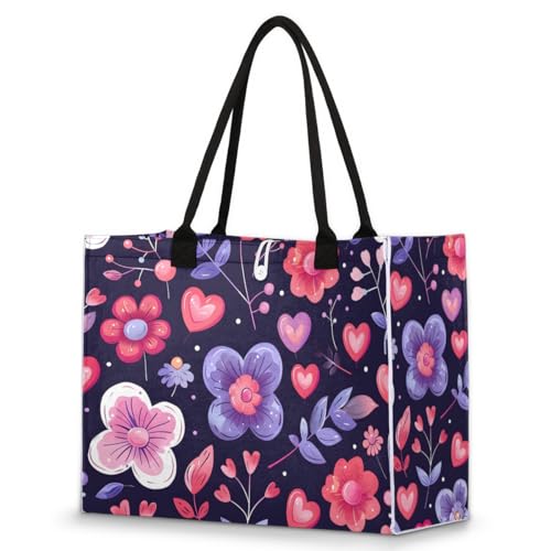 Purple Love Flowers Tote Bag for Women Large Beach Bag Reusable Tote Bags for Work Travel Beach Shopping