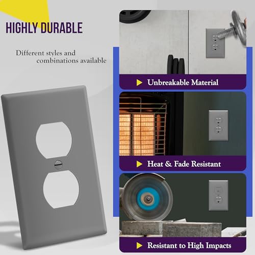 Image of ENERLITES Duplex Receptacle Outlet Wall Plate, Electrical Outlet Cover, Gloss Finish, Mid-Size 1-Gang 4.88 inch x 3.11 inch, Unbreakable Polycarbonate Thermoplastic, UL Listed, 8821M-GY, Gray