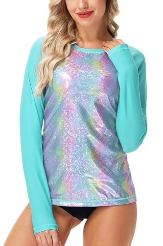 Deerose Women Sparkle Rash Guard Shiny Sun Protection Swim Shirts Metallic Glitter Swimsuit Top4