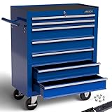 AREBOS Servantes d'atelier 7 Compartiments | Fermeture centralisée | Tapis antidérapants Inclus | tiroirs sur roulements à Billes | 2 Roues avec Frein (Bleu)