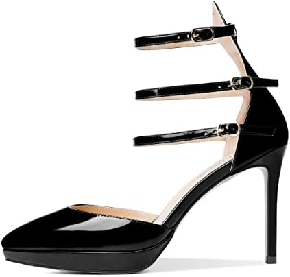 AMBELIGHT Women's Patent Pointed Toe Ankle Strap Heels Buckle High Heel Stiletto 4 Inch Platform Evening Dress Pumps Shoes Black Size 9 - Zapatos de Tacon de Mujer | Image 1