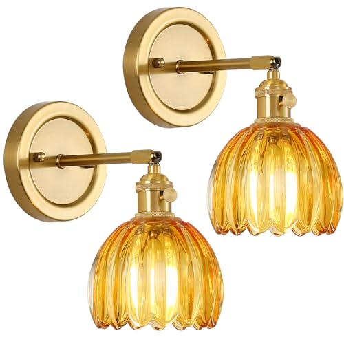 Image of Wall Sconces Set of 2 Vintage Wall Lights Indoor with Amber Glass Shade 180Adjustable,Twist Switch Modern Wall Lighting Fixture for Bedroom Bathroom Doorway Vanity Entryway Living Room