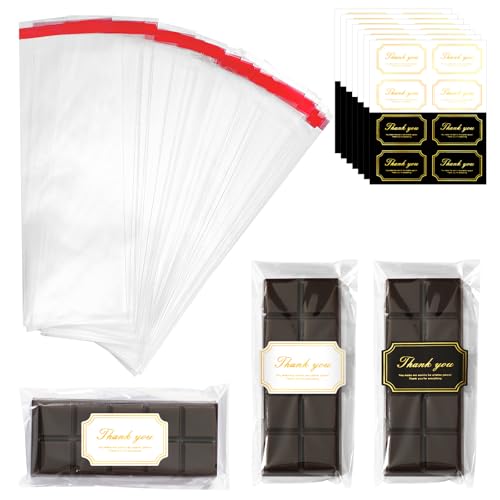 NOVWANG Chocolate Bar Wrappers 300 Piece 2.4 inches x 8.3 inches Clear Plastic Self Adhesive Bags with 300 pieces Thank You Stickers for DIY Chocolate Lovers Small Batched Custom Sweets