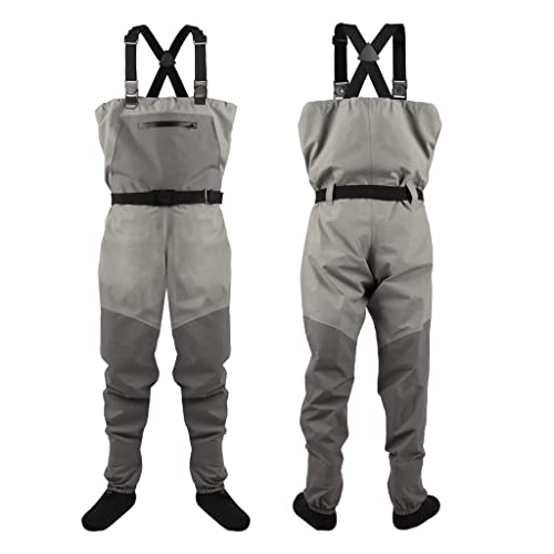 Greenwater Fly Fishing Breathable Waders For Men Women With Stockingfoot Waterproof Lightweight 4-Ply Nylon Upper Chest Waders With Big Handwarmer & Zippered Storage (Medium, Gray) #TOP1