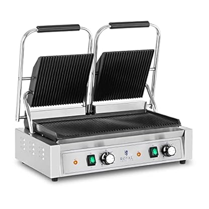 Royal Catering RCPKG-3600-R Doppel Kontaktgrill Gastro 3.600 W geriffelt 50-300 °C 2 obere Platten: 21 x 21, untere Platte: 48 x 23 cm