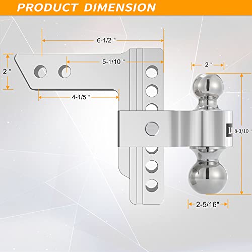 Locame Adjustable Trailer Hitch, Fits 2-Inch Receiver, 6-Inch Drop/Rise Aluminum Drop Hitch,12,500 Lbs Gtw-Tow Hitch For Heavy Duty Truck With Double Stainless Steel Locks, Silver, Lc0013 #TOP4