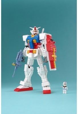 Assembled Mega Block RX-78-2 Gundam standing upright with a small pilot figure.
