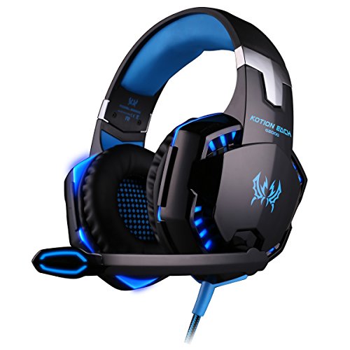 KingTop EACH G2000 Gaming Casque Oreillettes écouteur avec micro Basse stéréo LED pour PC Game, Bleu et Noir