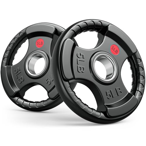 Gikpal Olympic Weight Plates, 2-Inch Three-Grip Rubber Coated Barbell Plates with Steel Hub, Cast Iron Weights for Strength Training & Home Gym, Pair or Sets (2.5–45LB)