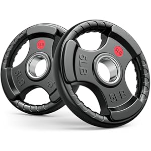 Gikpal Olympic Weight Plates, 2-Inch Three-Grip Rubber Coated Barbell Plates with Steel Hub, Cast Iron Weights for Strength Training & Home Gym, Pair or Sets (2.5–45LB)