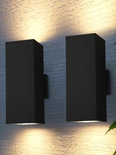 Image of LEONLITE 2-Pack 22 inch Outdoor Rectangular Wall Light, Up and Down, E26 Base | Modern Porch Patio Lights, Waterproof Wall Sconce, Exterior Light Fixture Wall Mount, Aluminum, Matte Black, ETL Listed