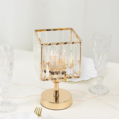 Efavormart 2-Pack 9" Gold Square Hurricane Candle Holders, Crystal Pendant Pillar Votive Stand for Modern Wedding Centerpieces & Table Decor